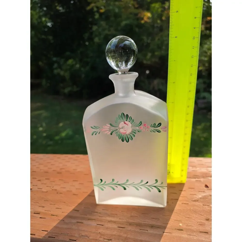 Vintage 90s Crabtree & Evelyn Frosted Glass Decanter Hand Painted Floral